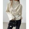 French Style Stand Collar Chiffon Flared Sleeve Pleated Split Shirt