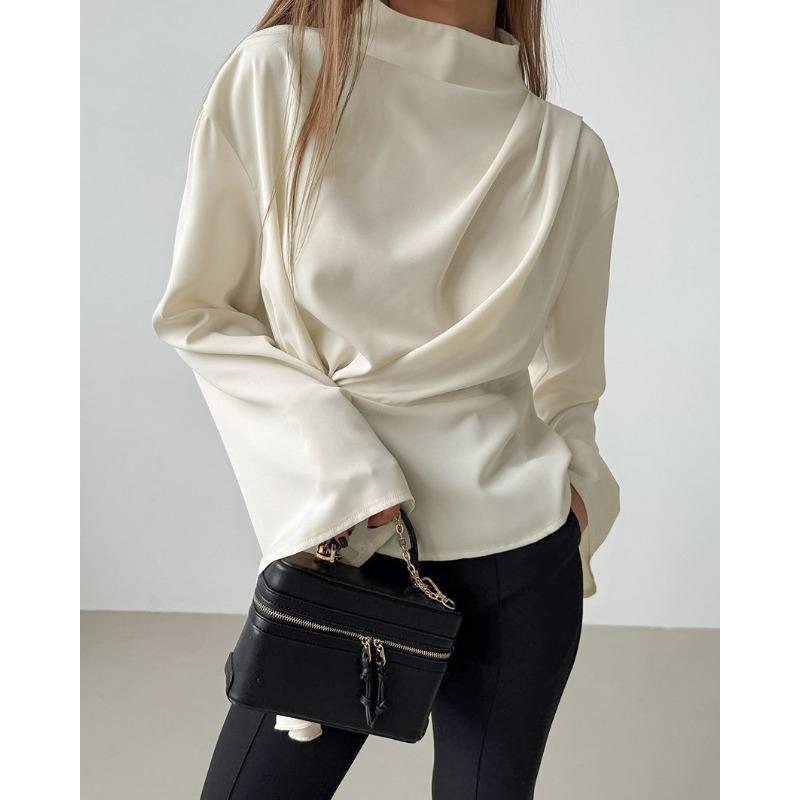 French Style Stand Collar Chiffon Flared Sleeve Pleated Split Shirt