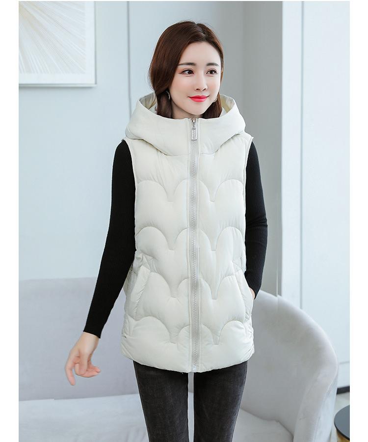 Autumn and Winter Women's Solid Color Loose Vest Drawstring Hooded Long Vest Jacket Cotton Padded Women's Windproof Warm Vest