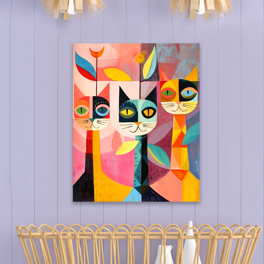 Cool Cats Canvas Painting Colorful Graffiti Mid-Century Modern Cat Wall Art Poster Decor Abstract Blue And Yellow Cat Room Decor