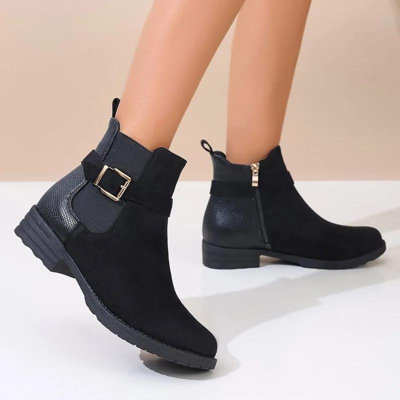 Fashion 2024 Winter High Quality Women's Boots Fashion Solid Color Round Toe Buckle Low Heel Versatile Side Zipper Women's Short Boots
