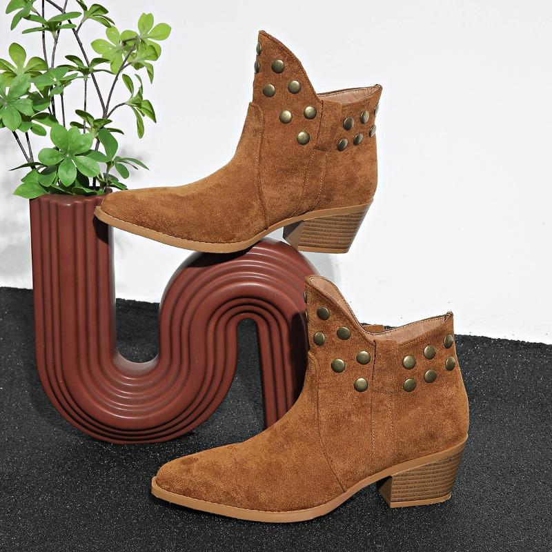 Fashion Stylish Shorthole Boots Autumn New Pointed Toe Suede Rivet Non-Slip Wear-Resistant Block Heel Boots