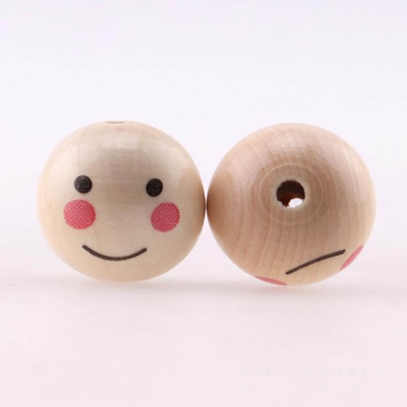 100pcs Natural Wood Beads Round Ball Spacer Smiling Face Doll Head Bead DIY Jewelry Making Supplies Bracelet Necklace
