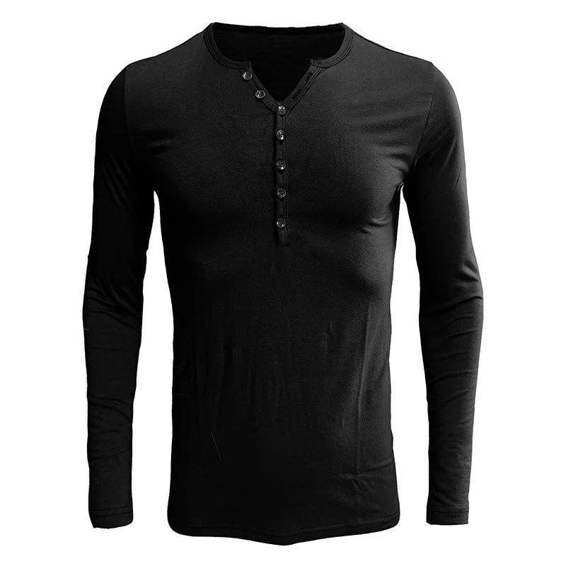 Herren Henley-Kragen Langarm-T-Shirt Unifarben Slim Fit Knopfleiste Lässiges Unterhemd Trendige Oberteile