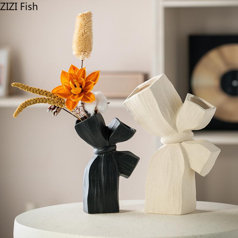 Bowknot Matte Ceramic Vase Table Decoration Creative Artificial Flower Decorative Flowers Arrangement Room Aesthetic Decor