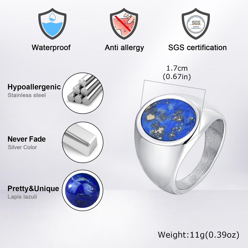 High Quality Round Natural Stone Chunky Ring, Fashion Blue Stone Stainless Steel Signet Ring for Men, Waterproof Classic Jewelry