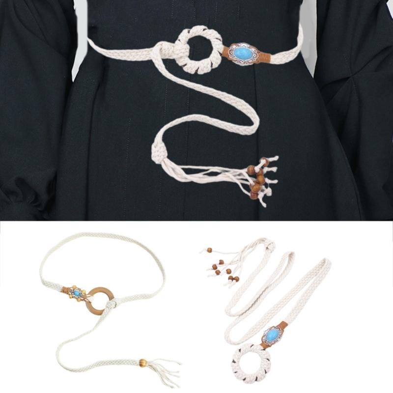 Self Tie Waist Belt for Women Ethnic Style Braided Dress Belt with Fringes&Beads