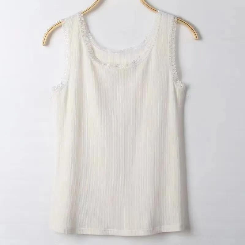 Knitted Thread Suspender Vest Women Hollow Lace Slim Tank Top Undershirt Simple Casual Solid Color Korean Fashion Spring Summer