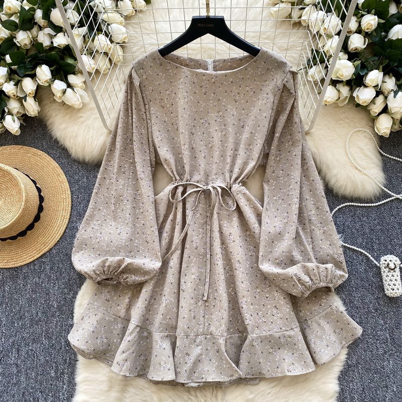 

French Style Design Drawstring Lace-up Waist-Controlled Lantern Sleeve Floral Dress Female Autumn Slim Looking Elegant Lotus Leaf Skirt Curry color One size