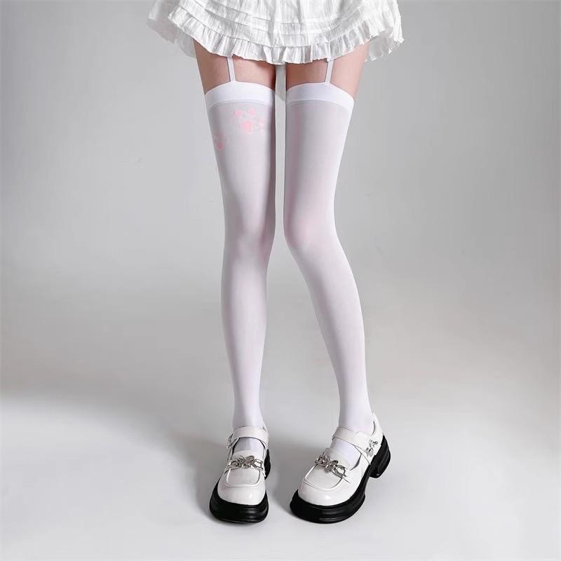 Cat Paw Print Sexy Over-the-Knee Socks with Straps Summer Thin Velvet Long Stockings