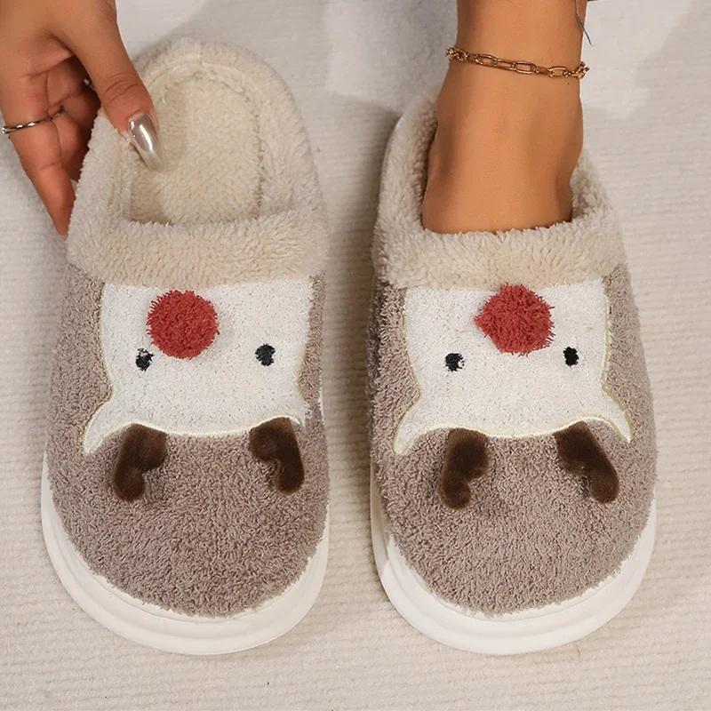 

Fashion Women s Christmas Elk Cotton Slippers Winter Home Short Plush Warm Slippers Couple Models House Bedroom Slides Woman Shoes 44-45 хаки