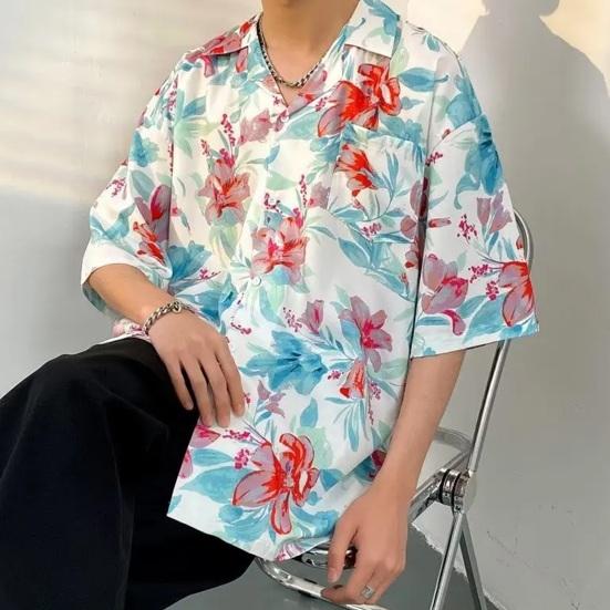 

Мужская летняя пляжная рубашка с цветочным принтом и лацканами, свободный однобортный нагрудный карман с половиной рукавов, гавайский топ средней длины для отдыха M синий