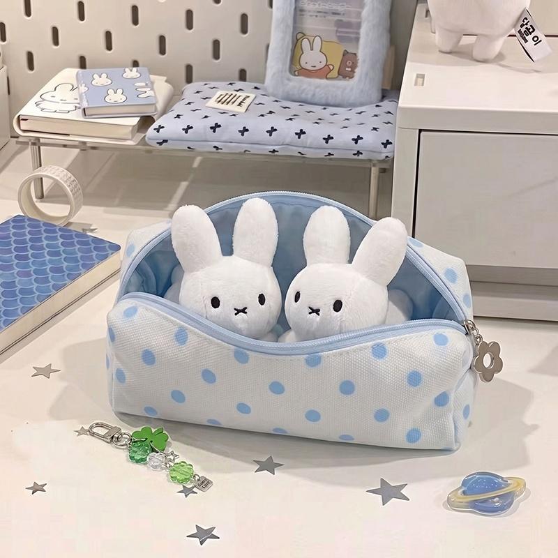 Cute Canvas Pencil Case With Blue Polka Dots And Flower Zipper Pull Perfect For Students School Stationery Storage