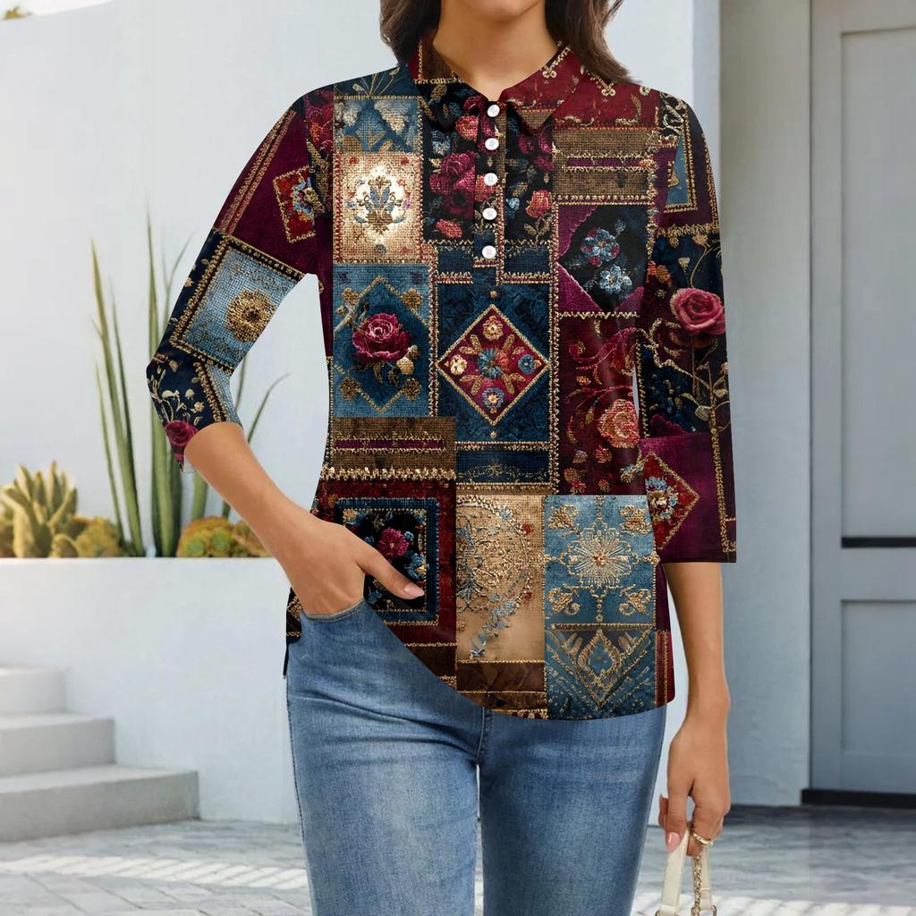 Women's Fashion Casual Lapel Short 3/4 Sleeve Print Shirt Women's Button Up Tops
