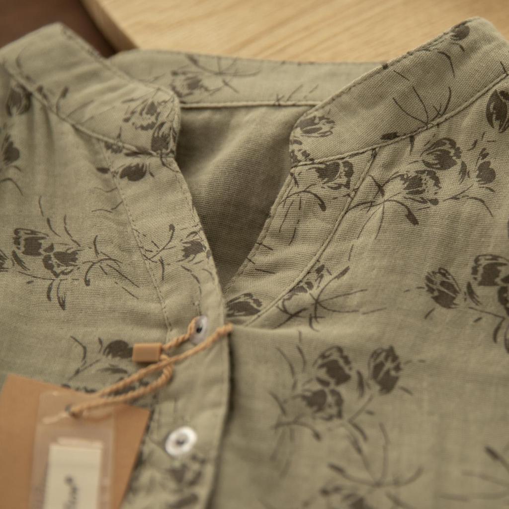 Chemise en Coton et Lin à Manches Longues et Décolleté en V Florale Gorge d'Hiver – Style Printanier Élégant pour Femme