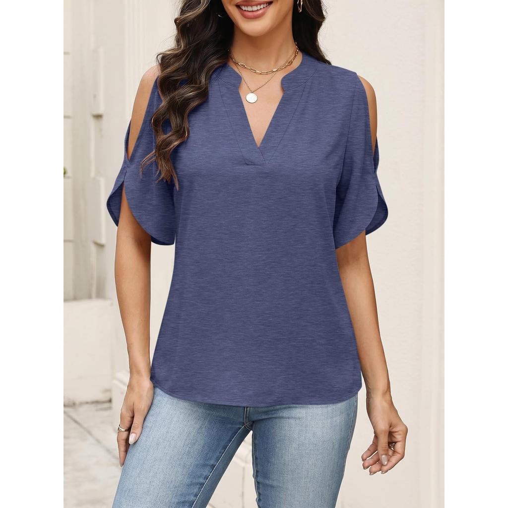 Womens Cold Shoulder V Neck T Shirt Short Sleeve Casual Loose Fit Top Summer Lightweight Blouse