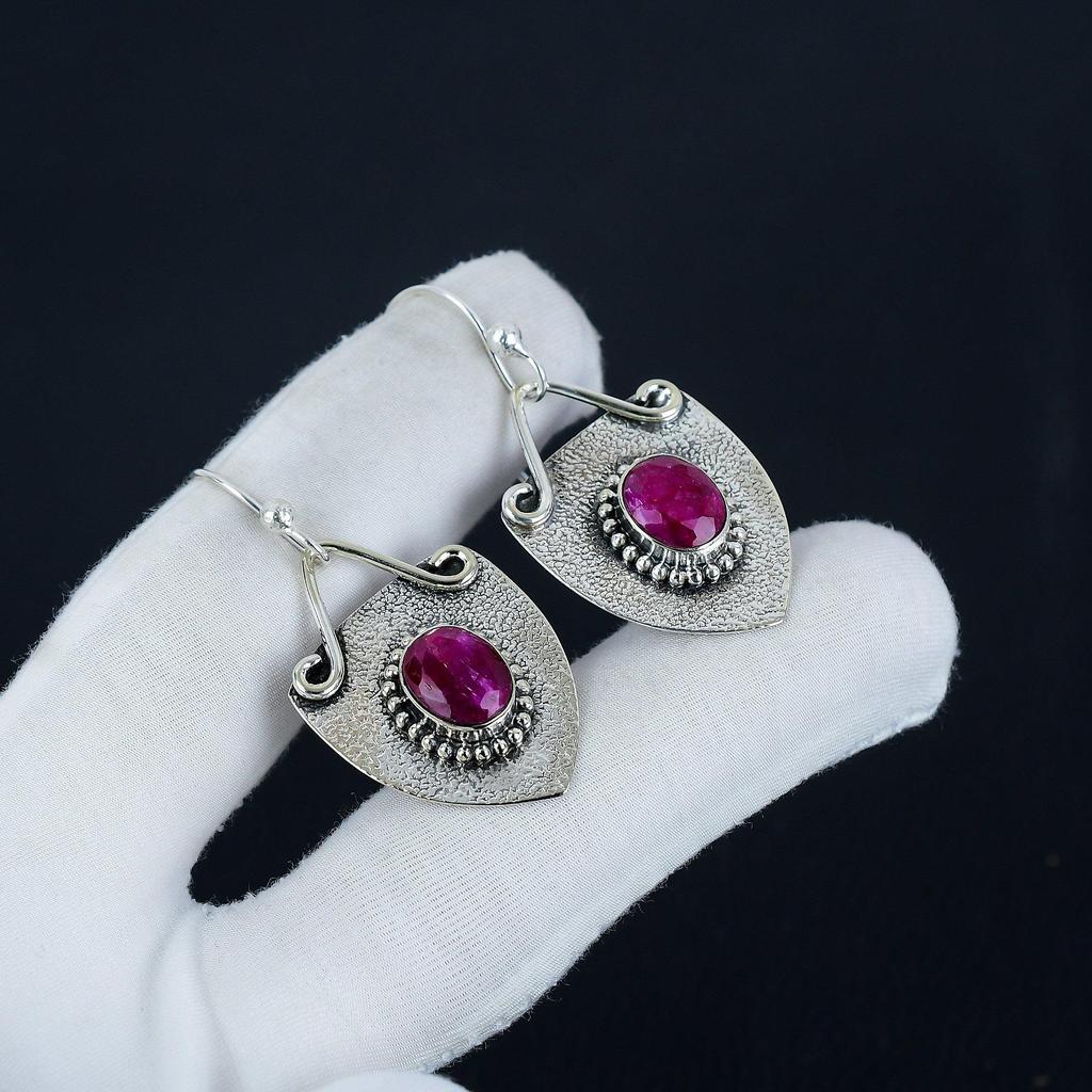 Amazing Kashmir Ruby Gemstone Earrings, 925 Sterling Silver Earring, Handmade Boho Silver Jewelry Dangle Earrings, Birthday Gift