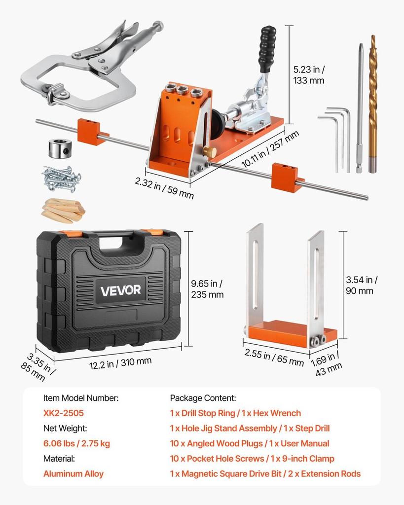 Pocket Hole Jig Kit, 12.7 to 38.1 mm Adjustable, Jig Pocket Hole System with Toolcase, C-Clamp, Step Drill, Hex Wrench, Drill Stop Ring, Square Drive