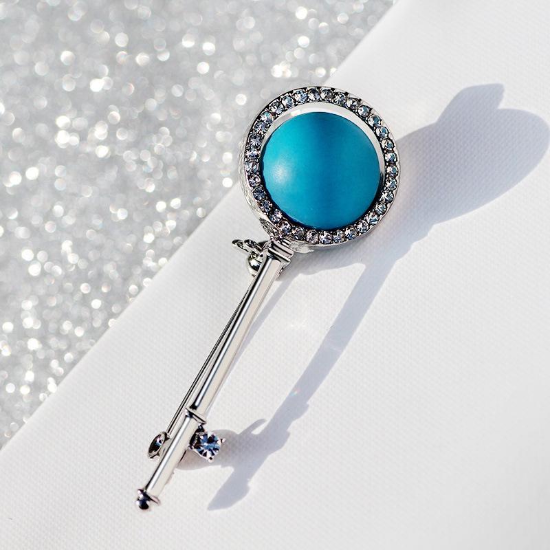 Elegant Blue Bead Full Diamond Key Brooch Pin for Sweaters and Coats - Women s Accessory