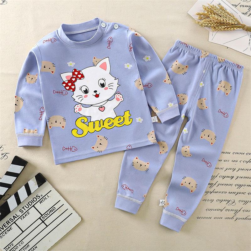 2026 Summer Children Long Sleeve Pant Underwear Set Baby Spring O-Neck Cartoon Cotton Pajama Set Home Wear Clothing for Girl Boy