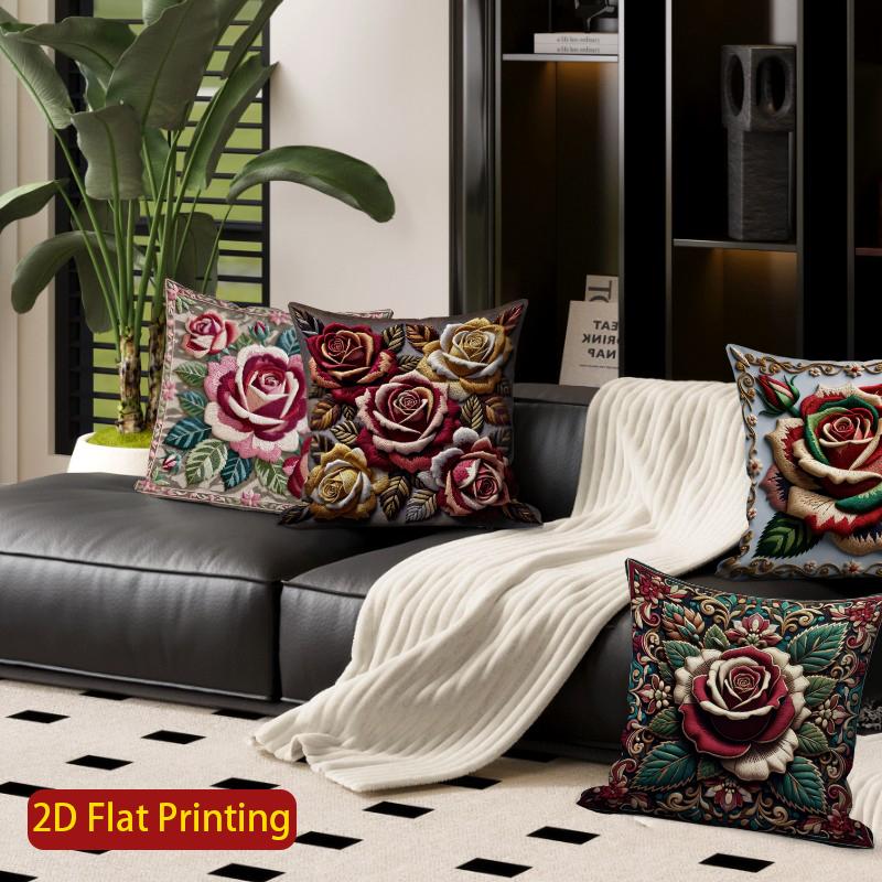 2D Vintage Floral Rose Decorative Throw Pillow Covers Pattern Cushion Cover Suitable For Sofa Bedroom Car Pillow Cover