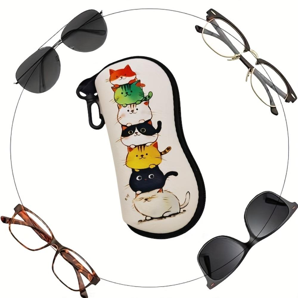 1PC Cute Stacked Cats Print Glasses Case Portable Zipper Sunglasses Pouch With Carabiner Hook Anti‑scratch Eyeglasses Protective Bag For Women Man