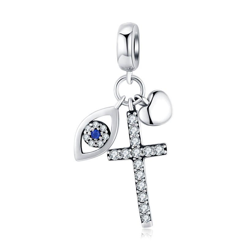 WOSTU Real 925 Sterling Silver Cross Eyes Charm Heart Beads Fit Original Bracelet Bangles Pendant Silver 925 Jewelry CQC1327
