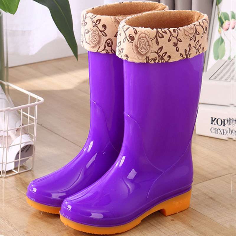 High rain boots rain shoes waterproof shoes glue shoe cover shoes women's fashion medium tube velvet cotton warm adult non-slip kitchen summer