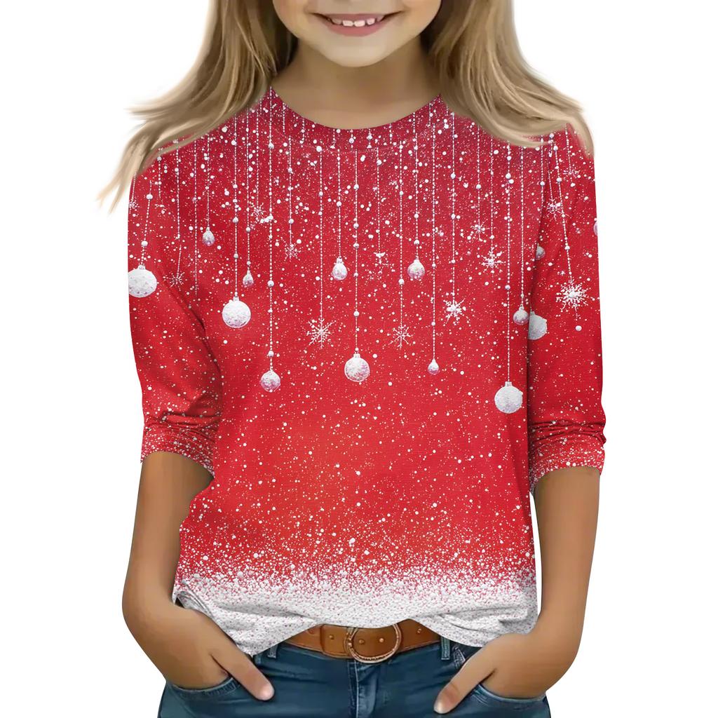 Christmas Day Print Tops For Youth Girls 4-11 Years Round Neck 3/4 Sleeves T-Shirts Trendy Tops Outfit Tees