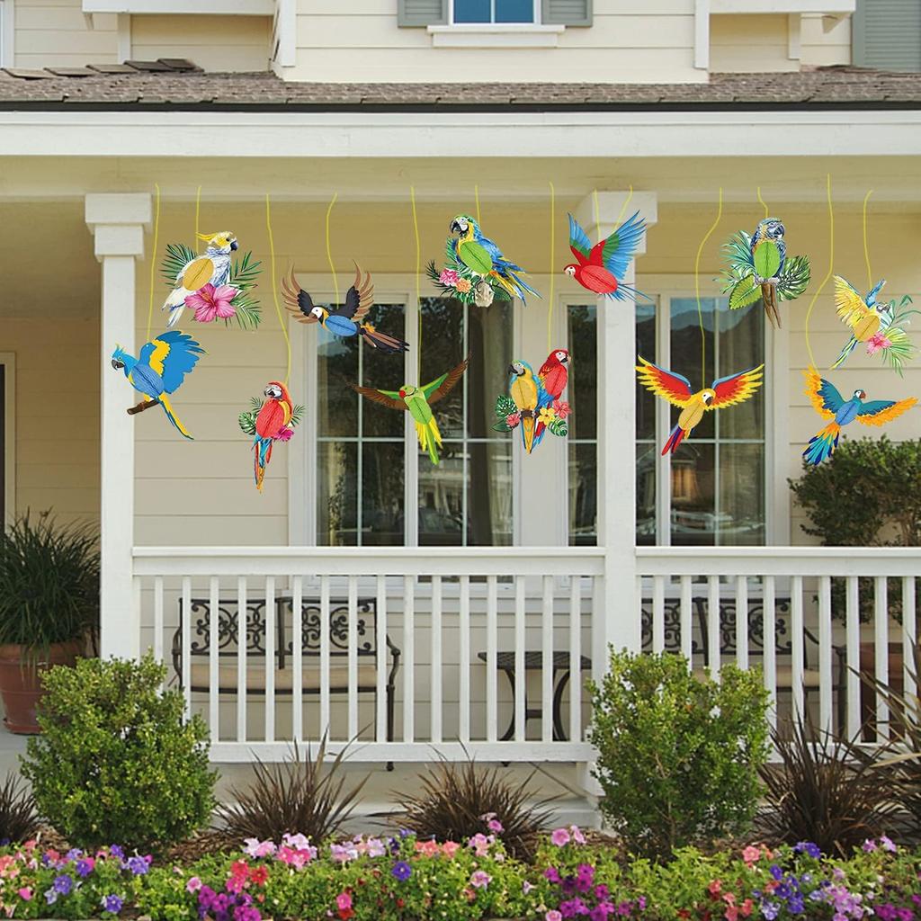 12 Pcs Tropical Birds Honeycomb Hanging Parrot Paper Cutouts Hawaiian Summer Beach Luau Party Hanging Decorations Tiki Bar Party Supplies Safari