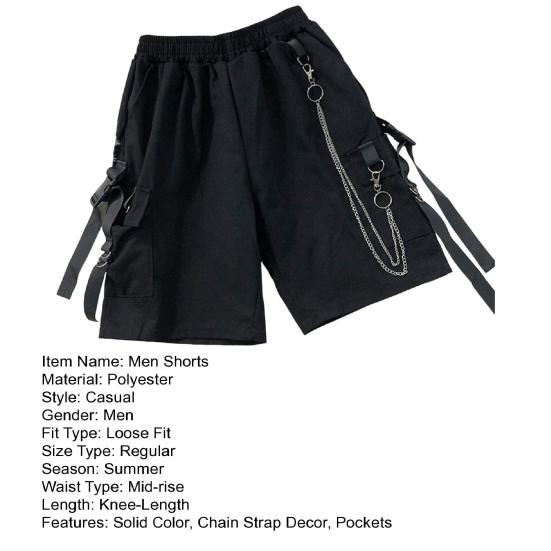 Mid-Rise Elastic Waistband Multi Pockets Chain Strap Decor Men Shorts Outdoor Fitness Cargo Short Pants