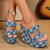 Fashion Summer Wear 15CM Flip-flops with A Slope Heel and High-heeled Denim Sponge Thick-soled Large-sized Women's Sandals Over Them