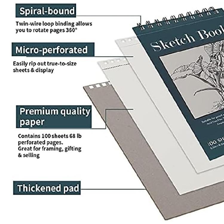 Blocco per Schizzi Professionale Rilegatura a Spirale Doppia Sketchbook 100 Fogli 68lb/100gsm Copertina Rigida Blocco da Disegno per Artista Principiante