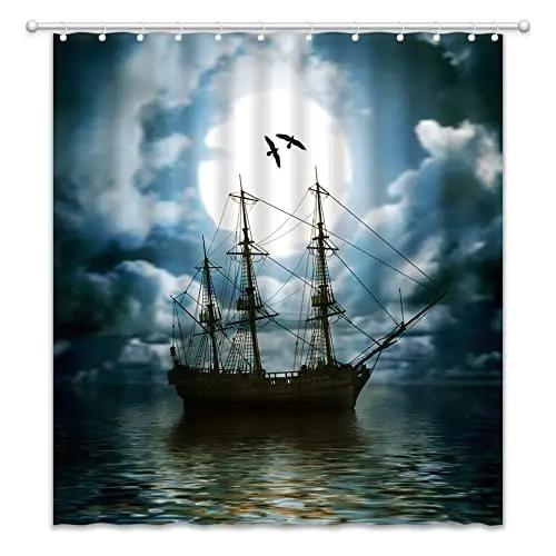 Pirate Ship Shower Curtain for Nautical Bathroom Fantasy Ocean Vintage Pirate Ship Bath Curtains Polyester Decor with 12 Hooks