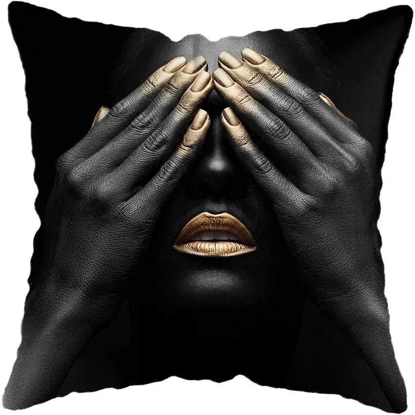 45*45CM Modern Living Room Black Gold African Lady Woman Style Look Art Deco Sofa Pillowcase Cushion Cover