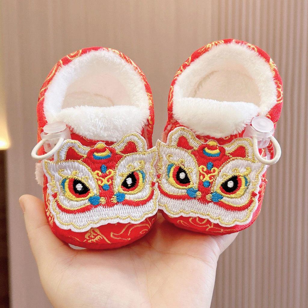 Tiger Head Baby Shoes: Red National Style, Velvet-Lined, Warm, Ideal for 100 Days to One Year Old