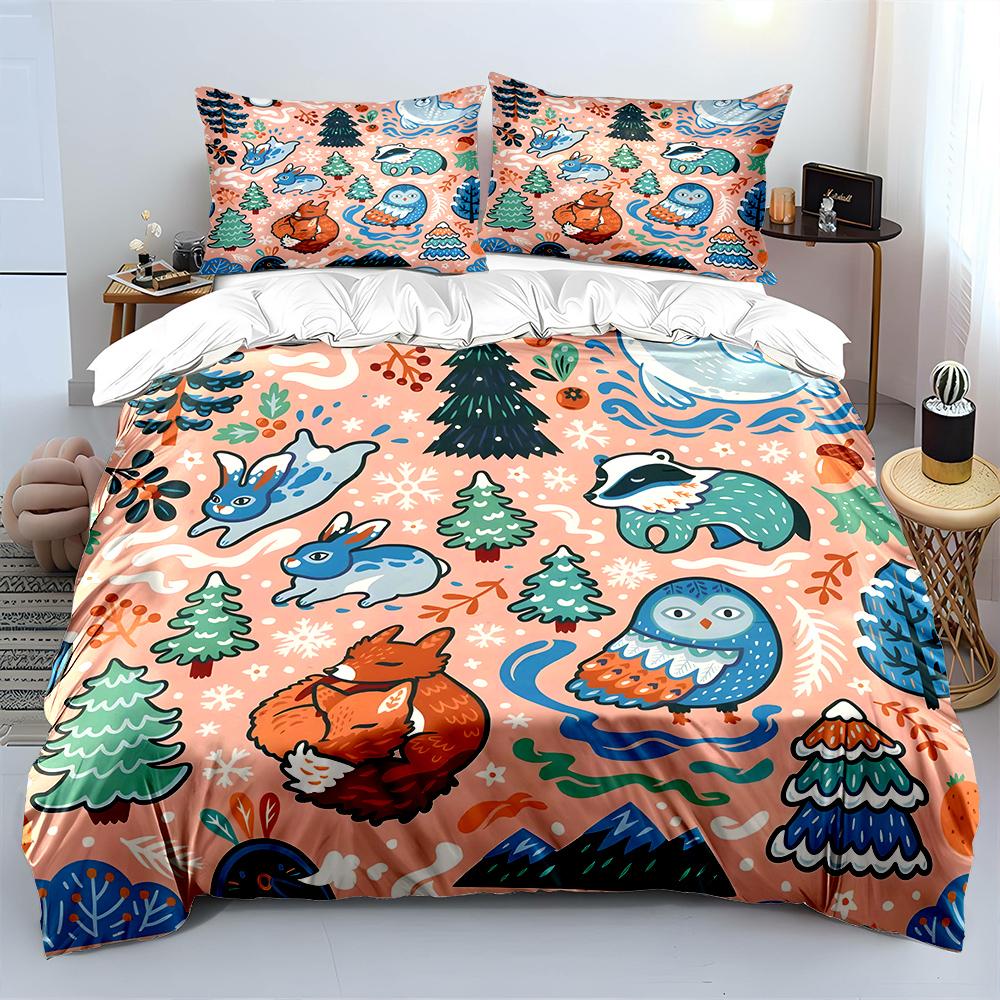 Winter Forest Animals Illustration Duvet Cover Set Digital Print Colorful Polyester Bedding With Zipper Closur For Kids Gifts