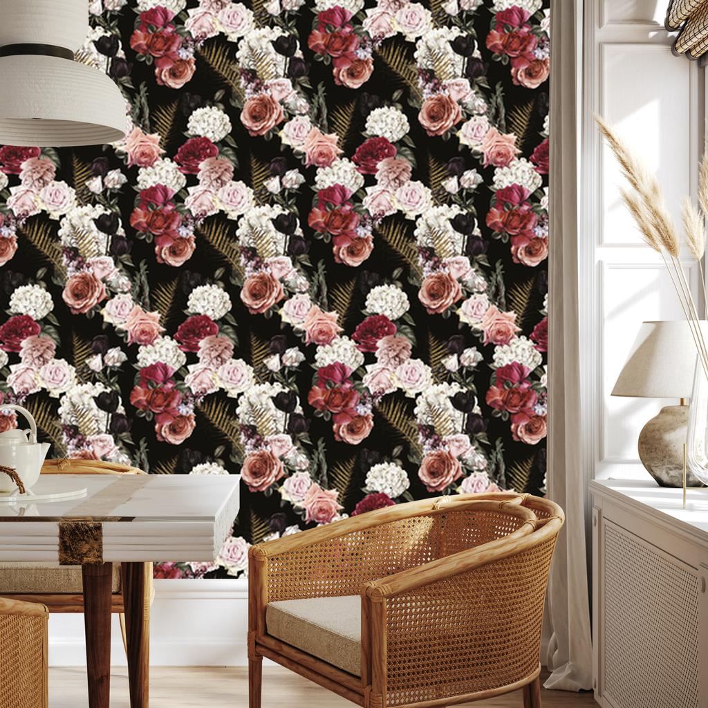 Roses and Fern Leaves Wallpaper for Living Room and Bedroom 50x1000