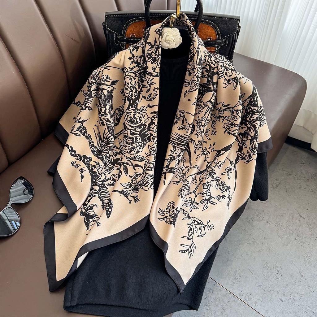 French Retro Women Printed Square Scarves Head Echarpes Twill Silk Foulards Femme Wraps Beach Shawls Bandana Lady Hijabs 90CM