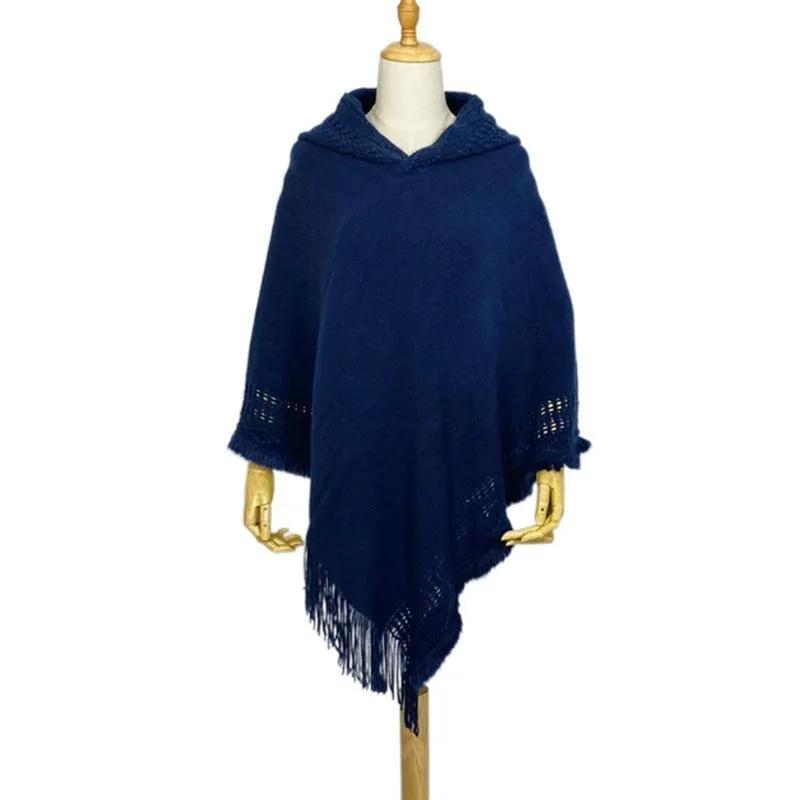 Women's Tassel Large Size Knitted Sweater With Hood And Imitation Cashmere Cape And Shawl