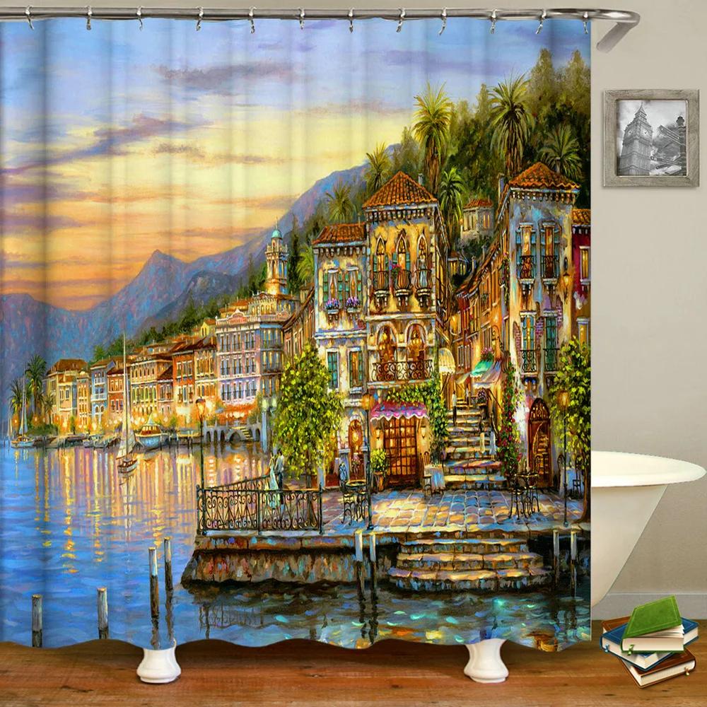 Town Street Scenery Shower Curtains Home Decor Polyester Fabric Bathroom Shower Curtains Oil Painting Waterproof Bath Curtains