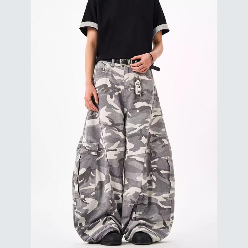 New American retro camouflage tooling wide-leg pants men's and women's loose trousers casual scimitar jeans