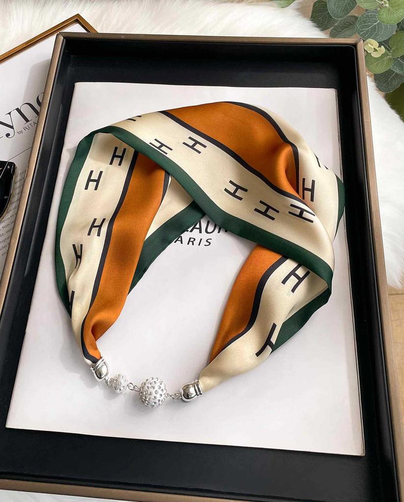 Magnetic Buckle Silk Scarf Headband Internet Celebrity New Magnetic Buckle Bracelet Small Long Women's Summer Casual Necklace Diamond Neck Band