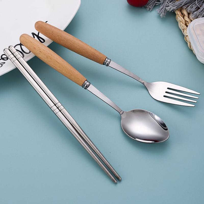 Wooden-Handled Cutlery Set Stainless Steel Spoon Fork And Chopsticks Set Three-Piece Cutlery Box Set