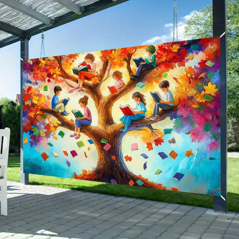 1pc Autumn Reading Tree Polyester Banner - Multi-functional room and party decoration durable and easy to hang