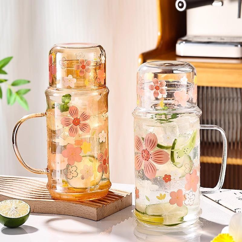 Cute Flower Cold Water Jug High Borosilicate Glass Drink Water Bottle With Lid Kitchen Housewares Ice Coffee Cups Camping Kettle