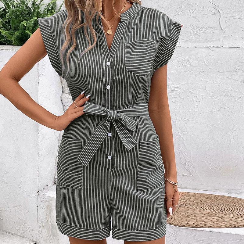 Summer Casual Striped Jumpsuit - Women's Short Sleeve Jumpsuit with Shorts, European & American Style for Trendy Commutes