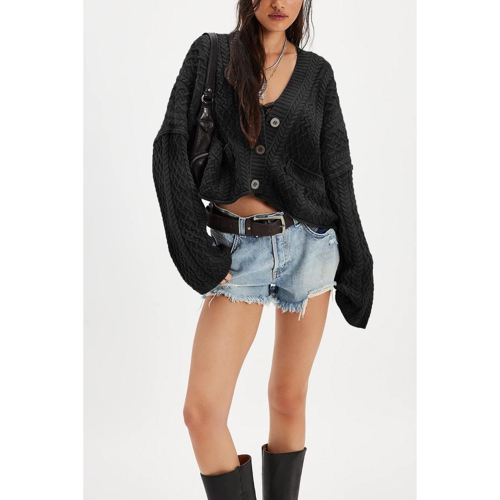 New Autumn and Winter Women's Clothing Short Twist Loose Solid Color Knitted Cardigan Jacket