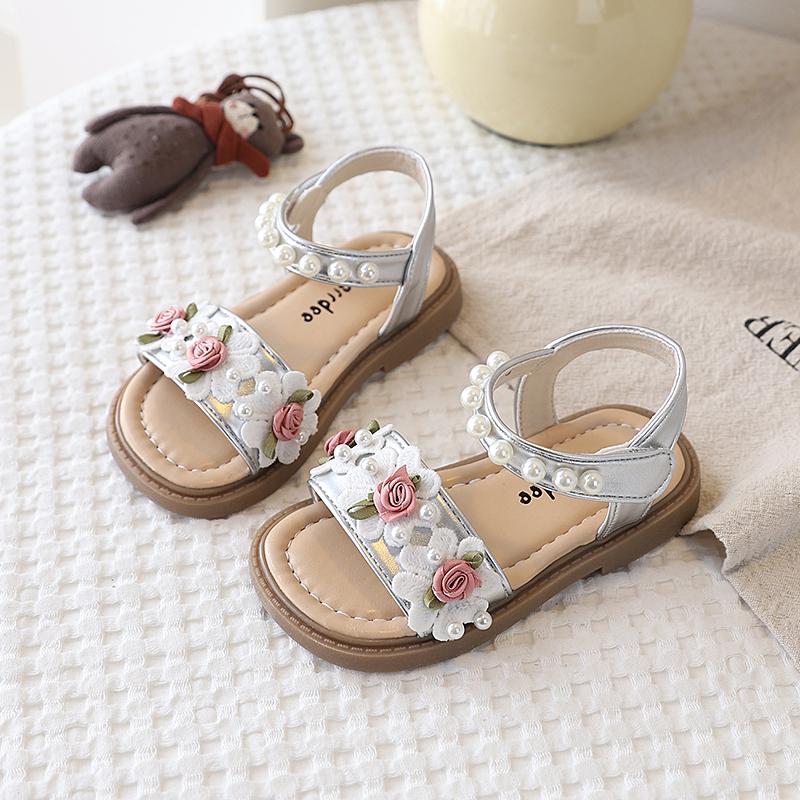 Girls' Sandals Pearl Flowers Princess Sweet Non-Slip Soft Breathable Comfortable Children'S Beach Shoes Summer Sandals