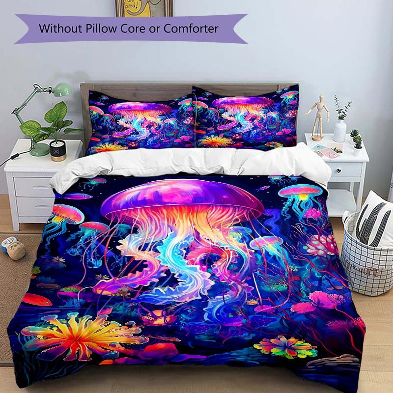 3pcs Colorful Jellyfish Bedding Set - Includes One Quilt Cover and Two Pillowcases (No Core) - Anime Cartoon Design, Perfect for Bedroom and